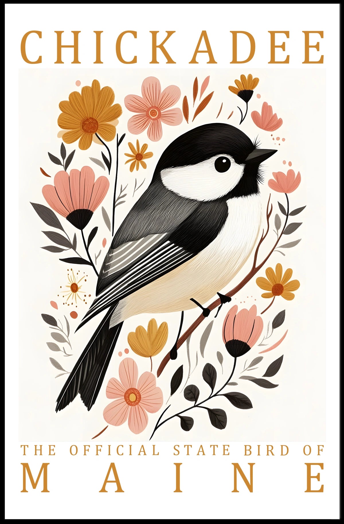 Chickadee Maine State Bird Botanical Art Poster