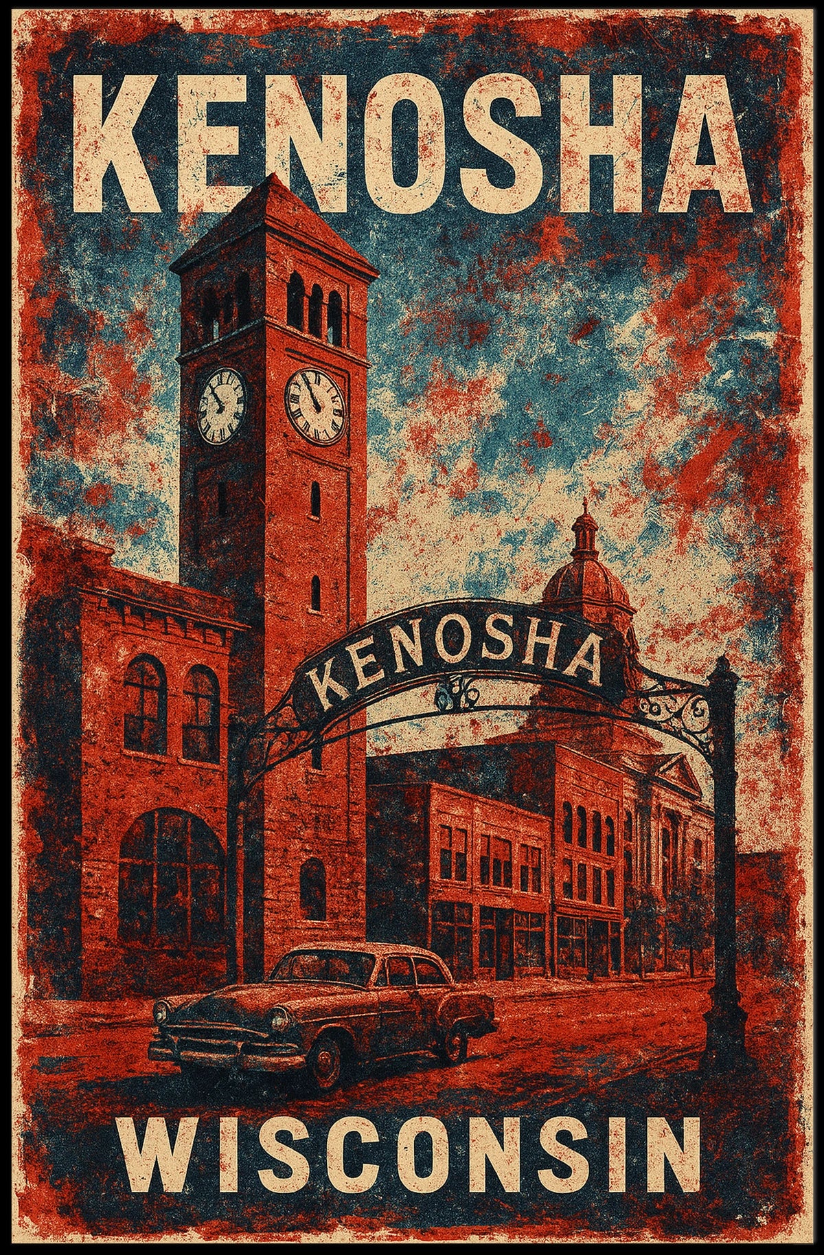 Vintage Kenosha Clock Tower Art Deco Cityscape Poster