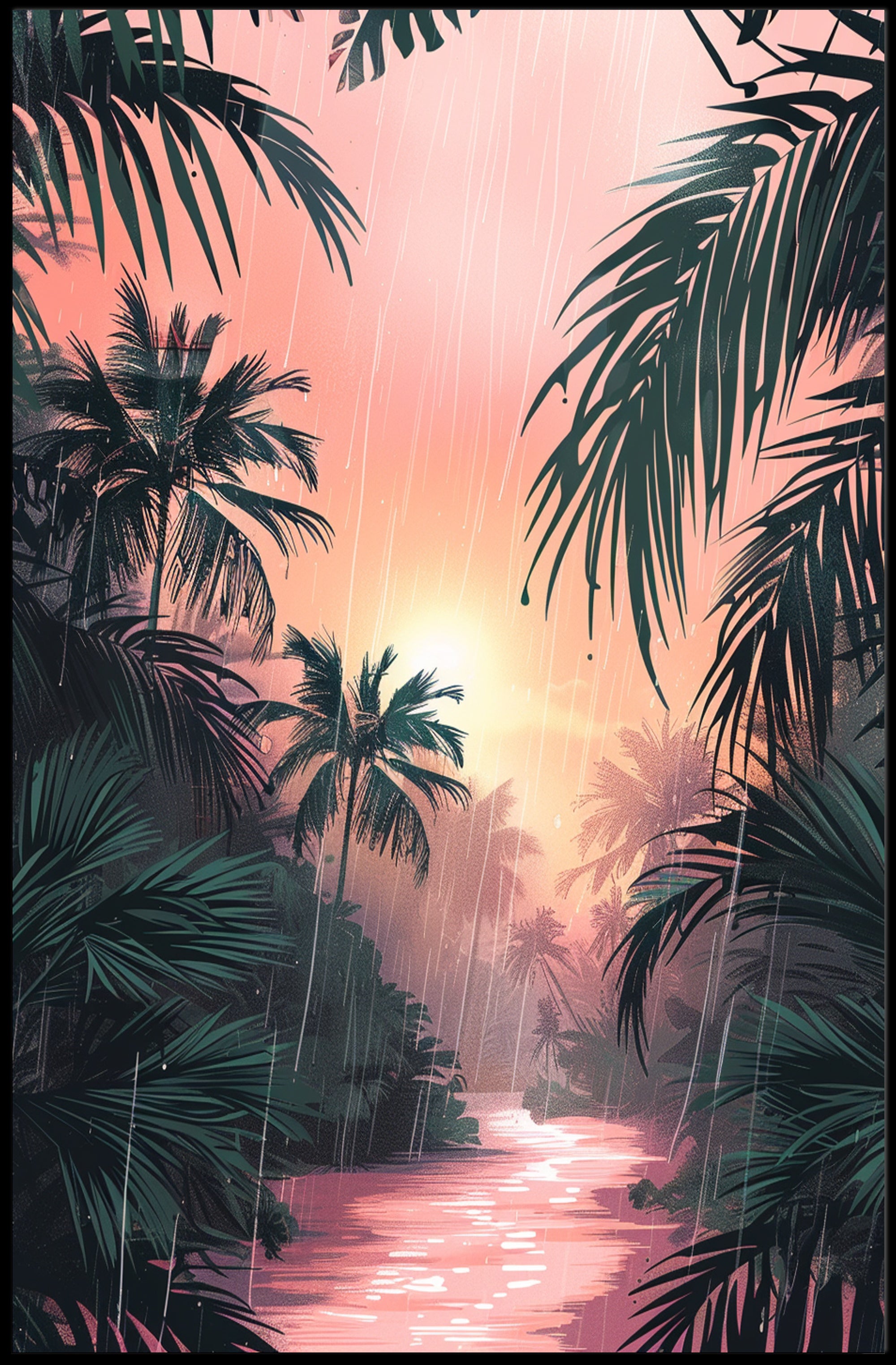 Tropical Rainfall at Sunset Art Print Poster for Home Decor PosterGoat