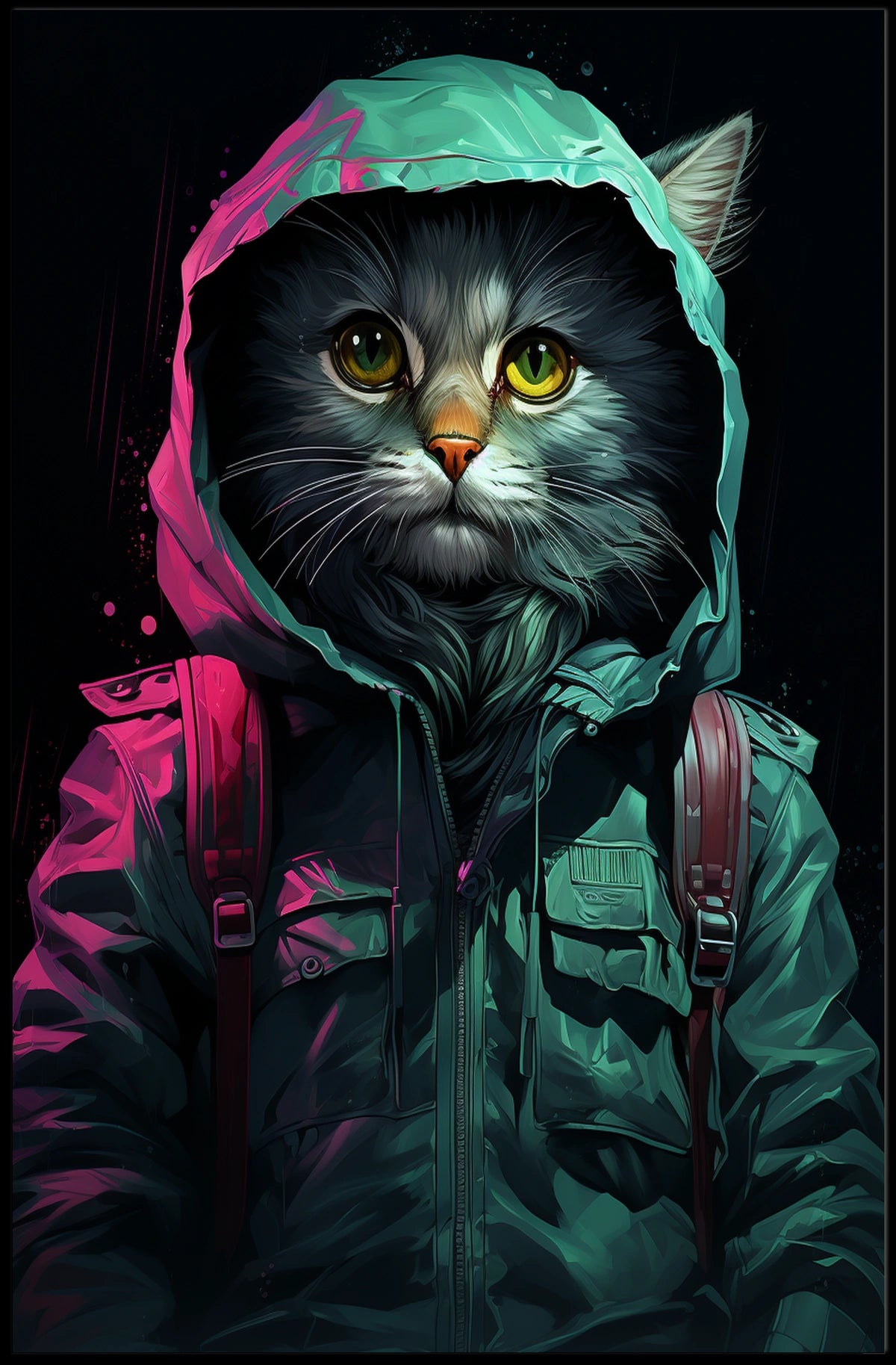 Anthropomorphic Cat in Rain Jacket Surreal Poster