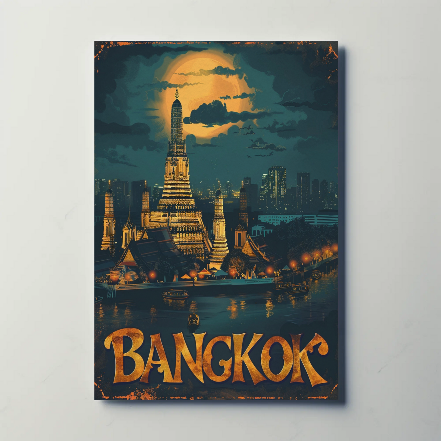 Bangkok Wat Arun Temple Nighttime Lights Travel Poster