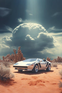 Retro Sports Car Desert Scene Art Poster