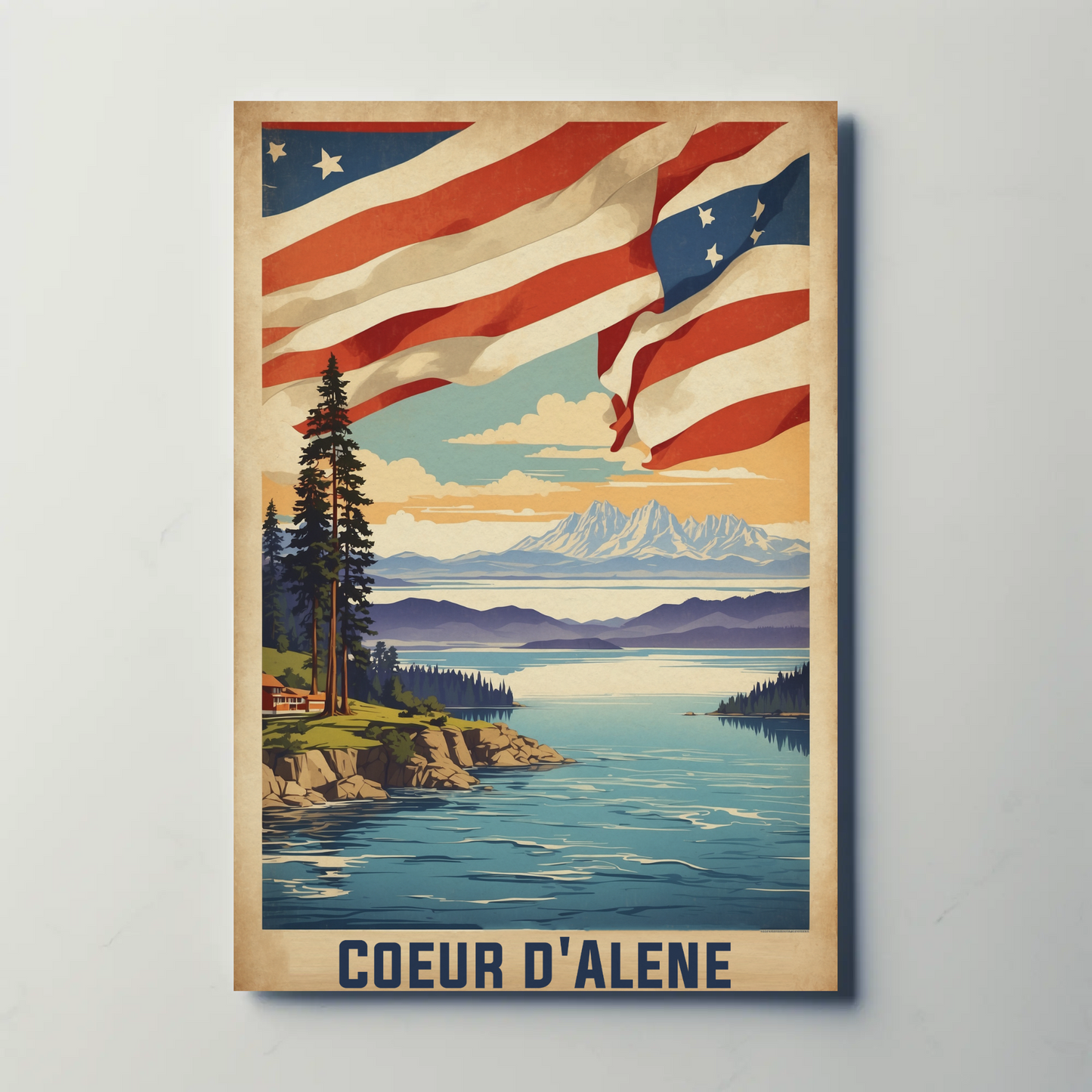 Coeur d'Alene Idaho Lake Mountains Flag Vintage Travel Poster