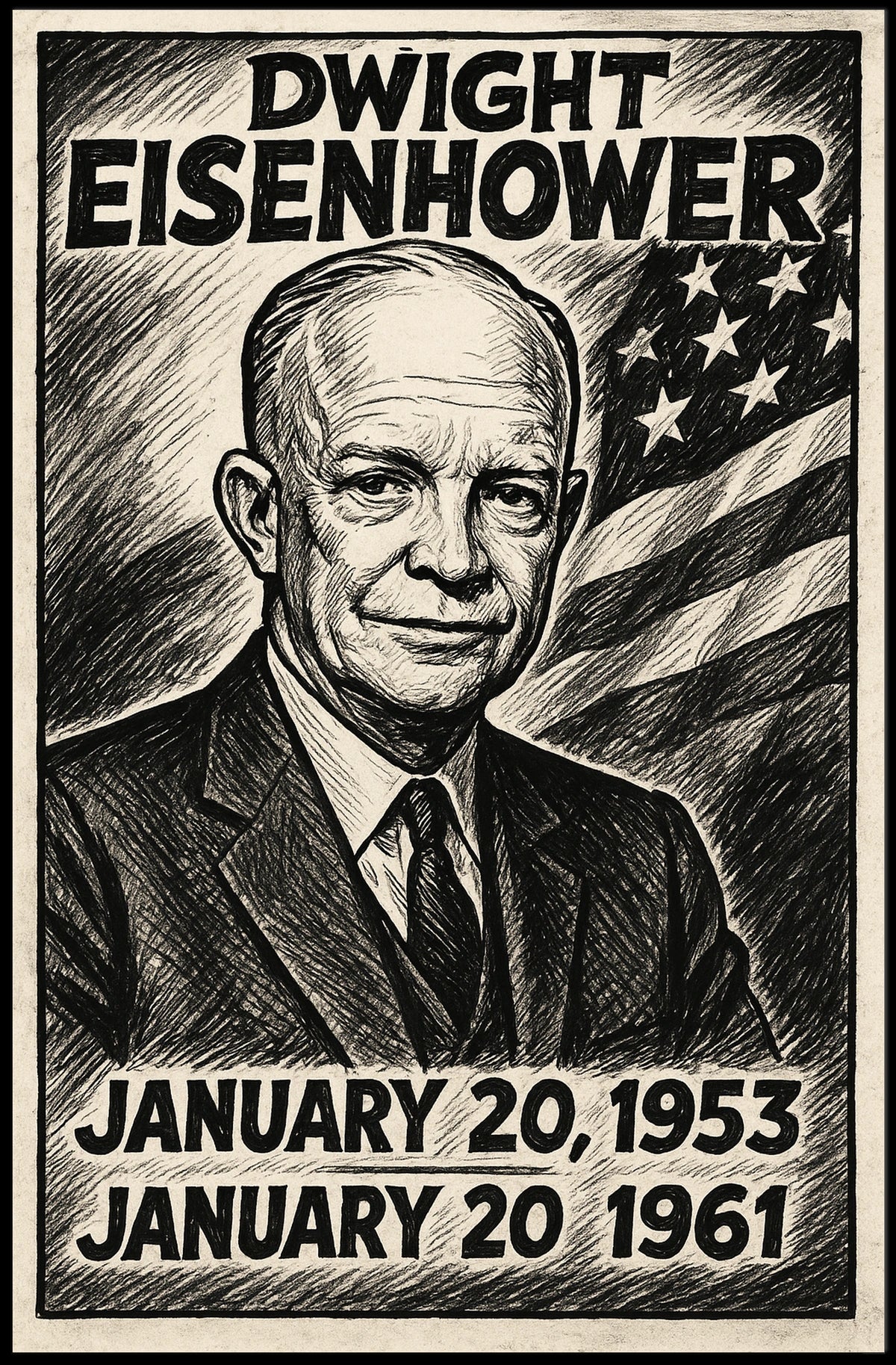Dwight D. Eisenhower 34th President of the United States B & W Comic Sketch Poster