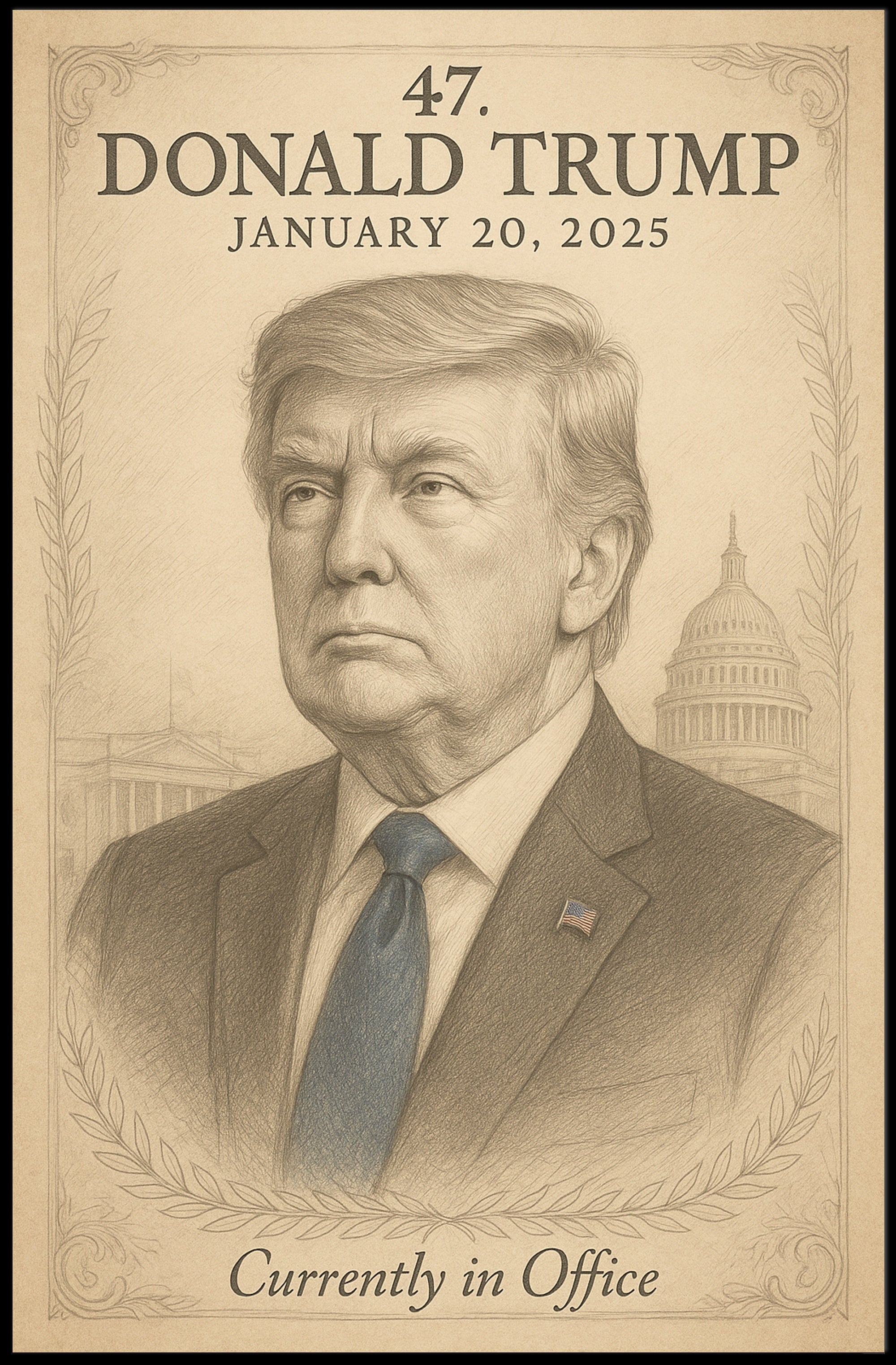 Donald Trump 47th President Sketch Poster Art Print for Home Decor PosterGoat