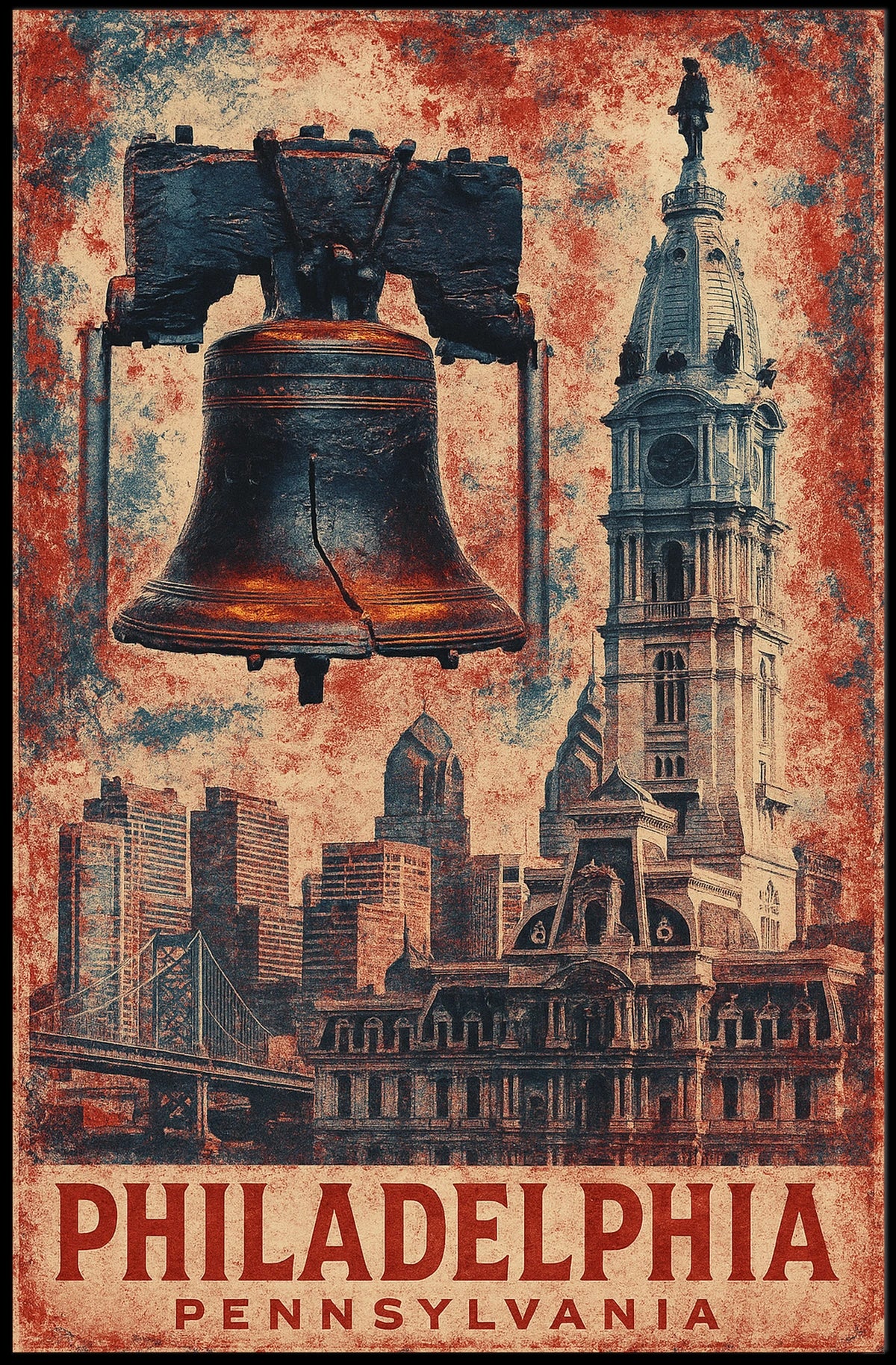 Philadelphia Landmarks Vintage Cityscape Poster