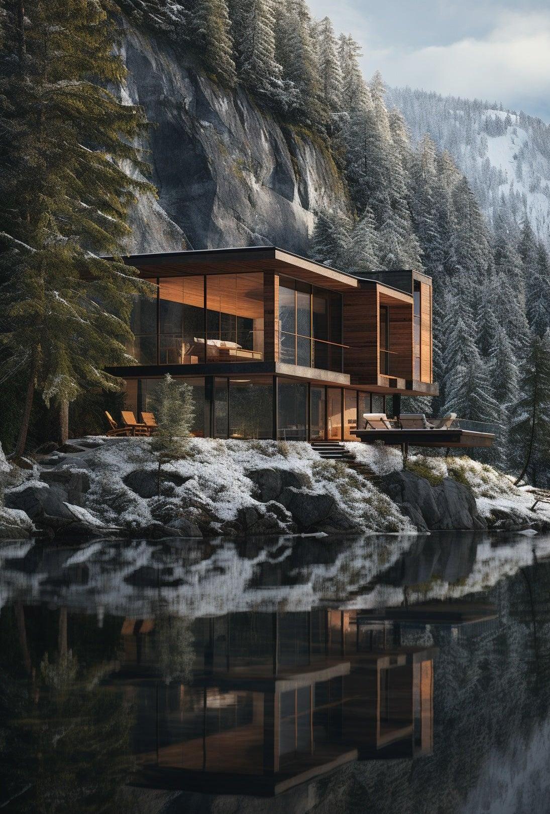 Modern Architectural House in Tranquil Winter Forest Artistic Poster