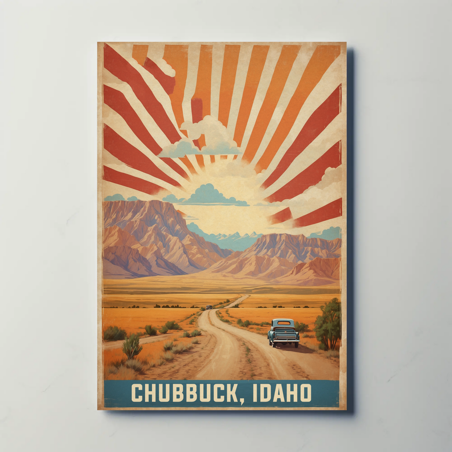 Chubbuck Idaho Sunset Road Desert Mountains Vintage Travel Poster