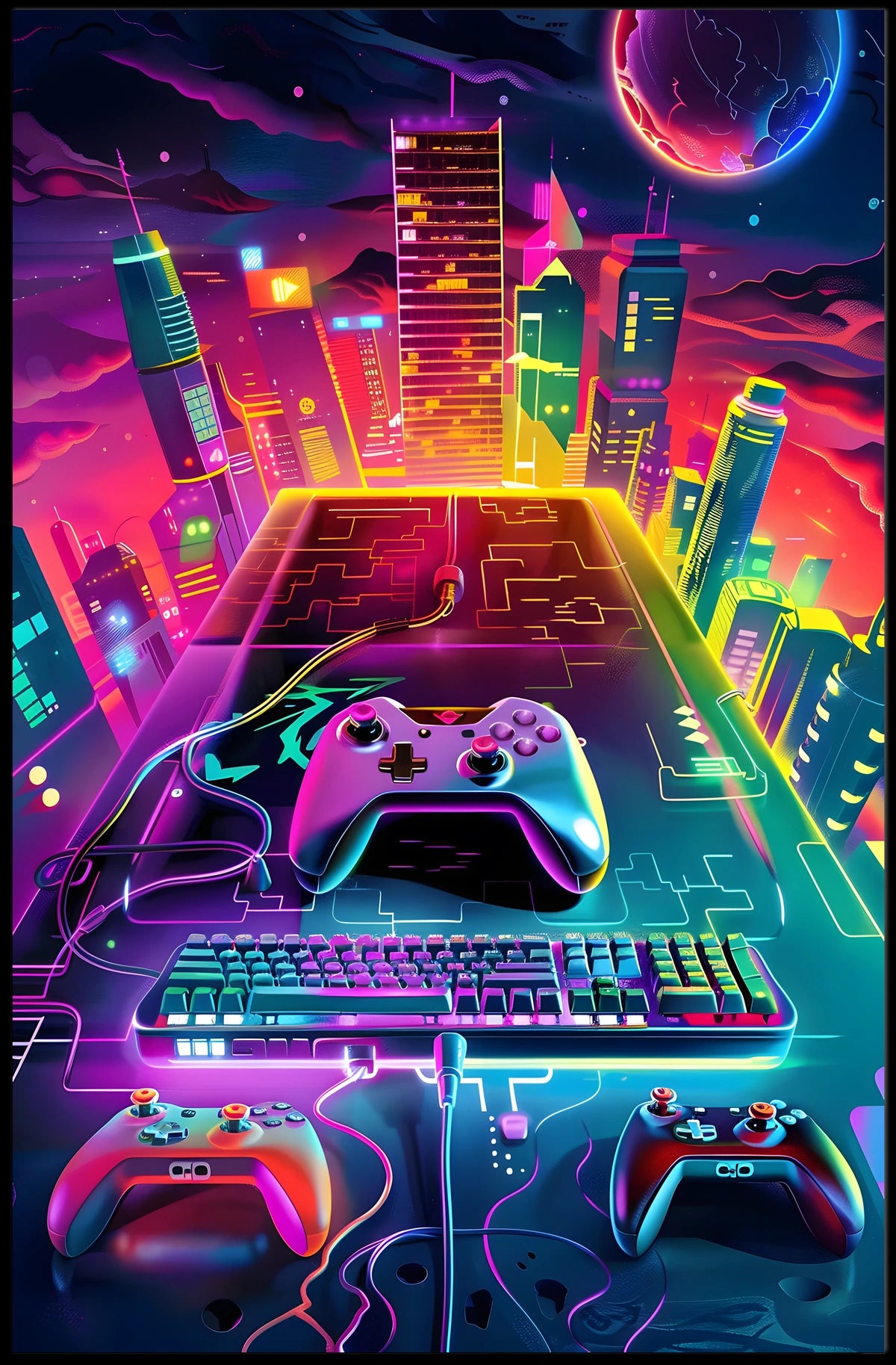 Neon Gaming Cityscape Poster