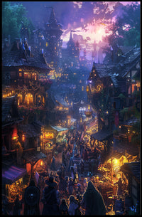 Medieval Fantasy Village Market at Twilight Fantasy Poster PosterGoat
