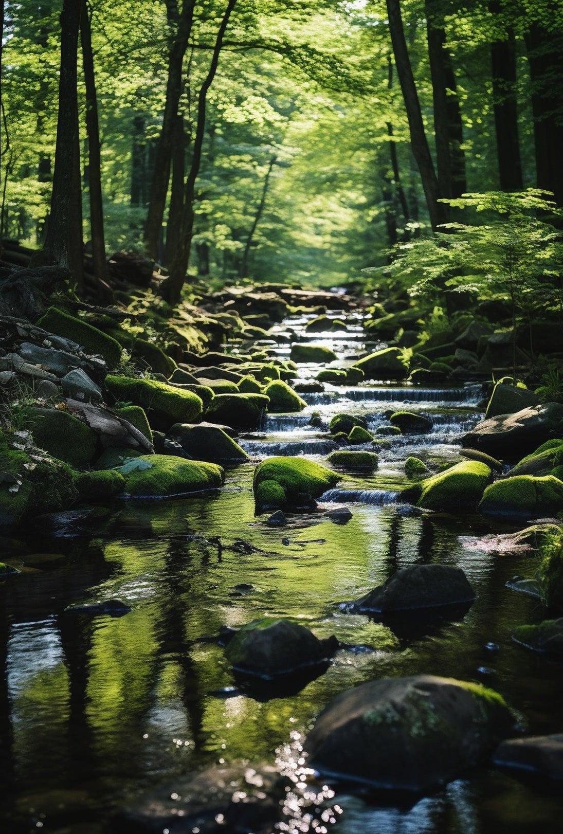 Tranquil Stream Through Lush Temperate Forest National Park Poster