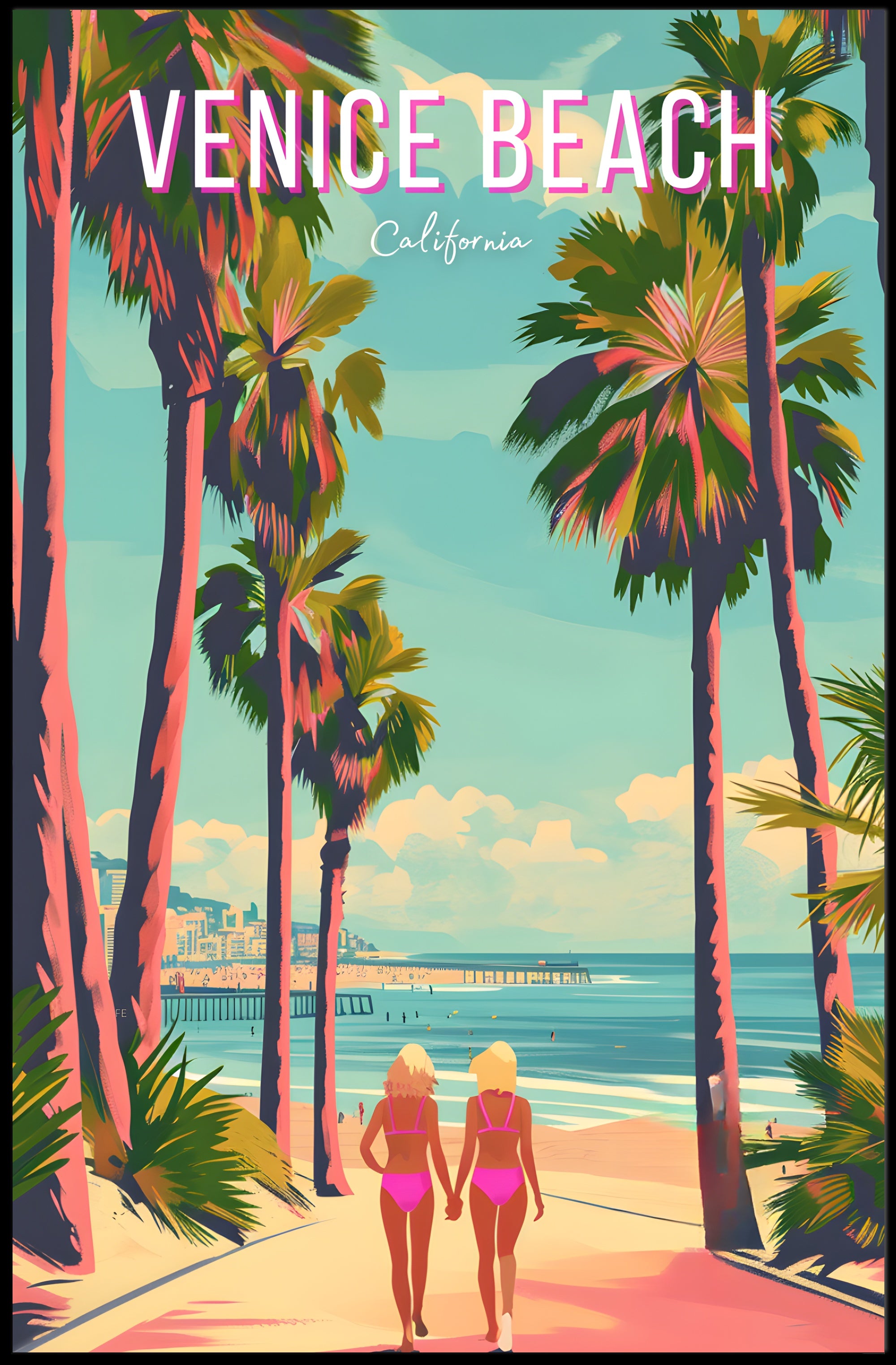 Venice Beach Vintage Travel Art with Palm Trees Scene Travel Poster