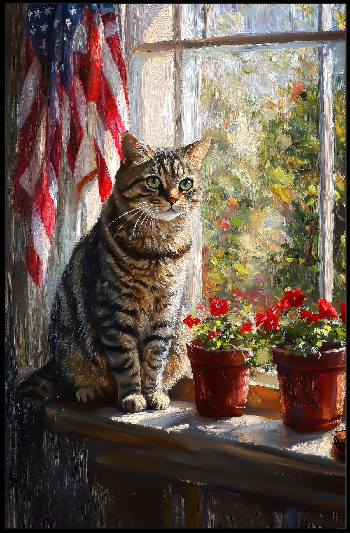 tabby cat sitting in a windowsill Poster