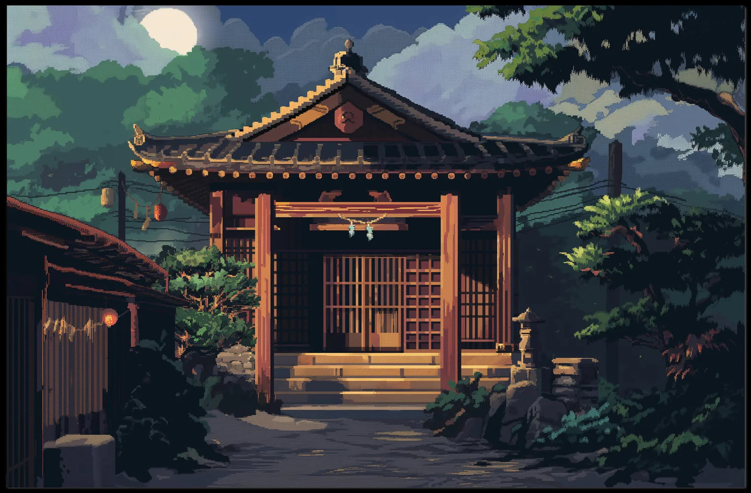 Moonlit Japanese Temple Pixel Art Poster