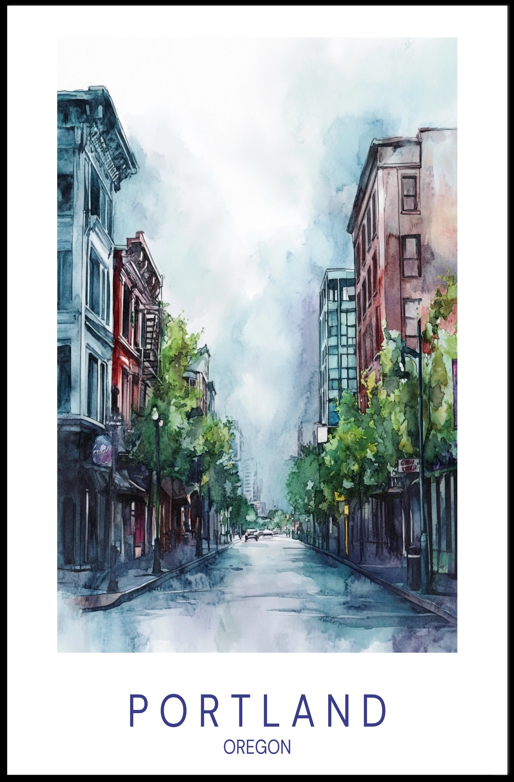 Portland Tranquil Urban Scene Watercolor Urban or Cityscape Poster PosterGoat