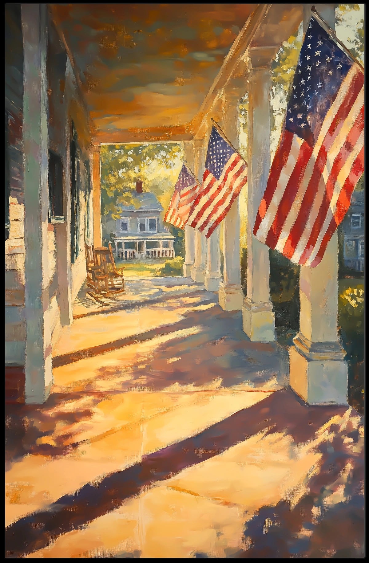 Colonial Village Street With Patriotic Flags Poster