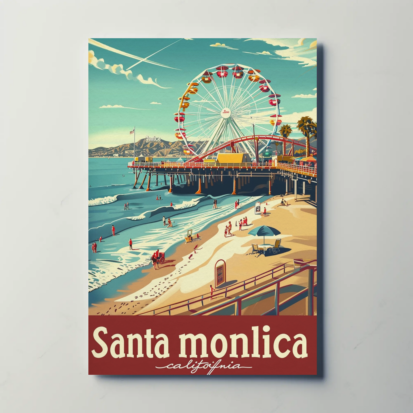Santa Monica California Ferris Wheel Oceanfront View Travel Poster