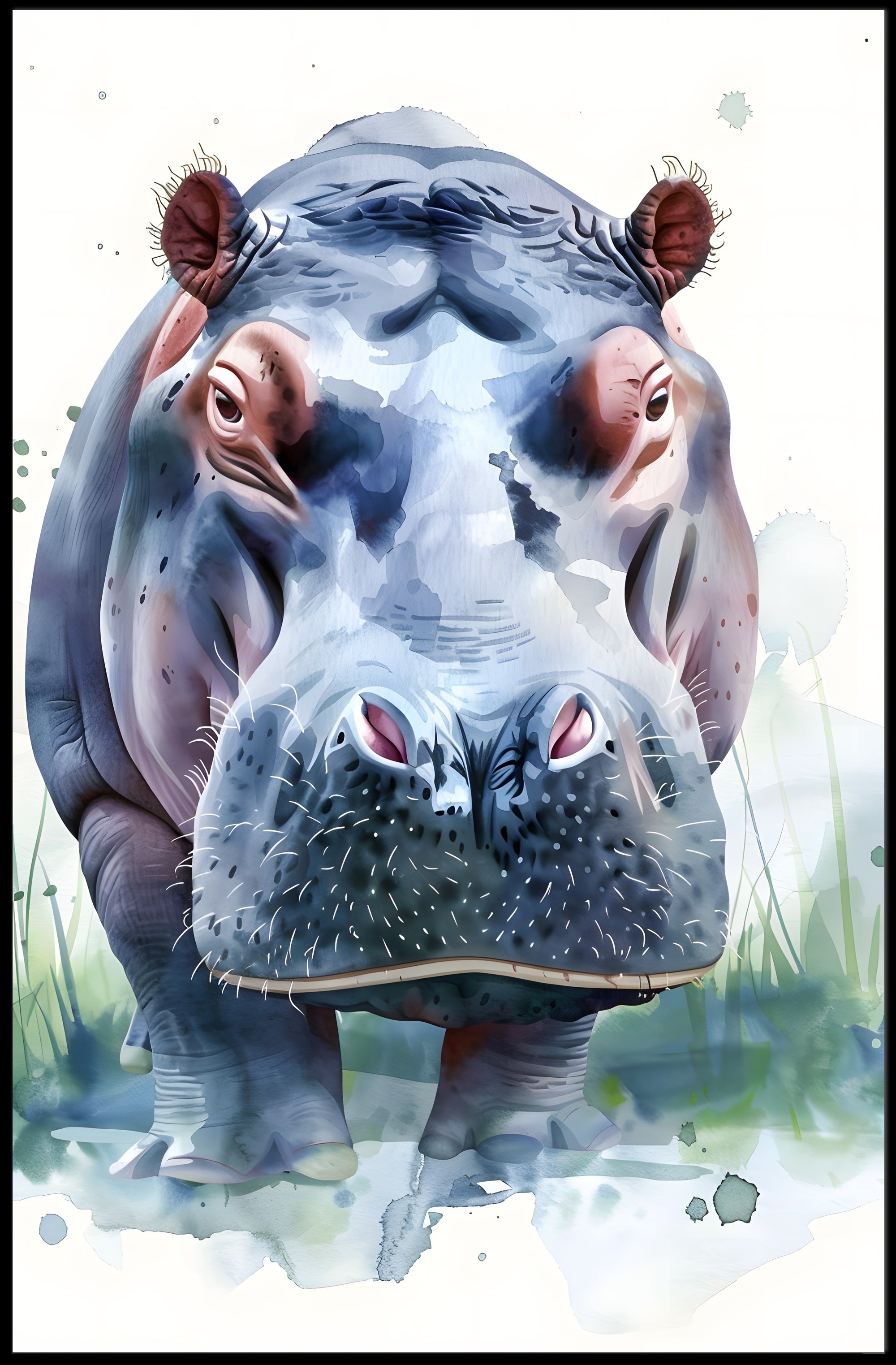 Hippo Watercolor Portrait Poster Wall Art Print