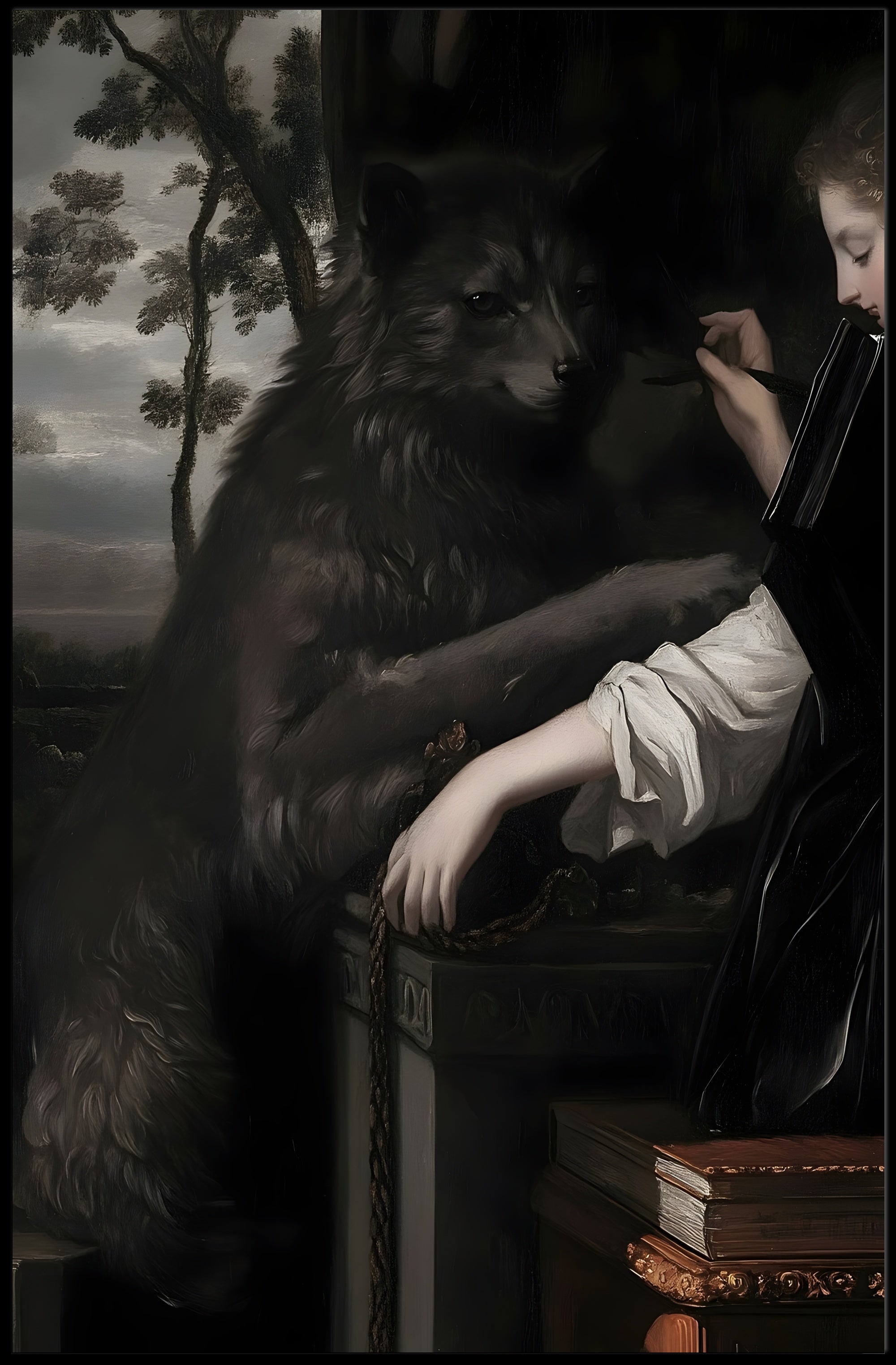 Lady and Wolf in Ornate Library Fantasy or Mythology Poster PosterGoat