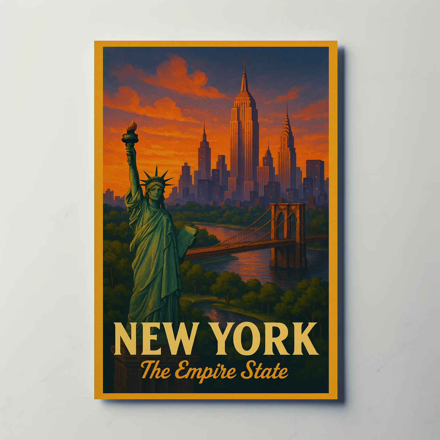 Sunset Skyline Liberty Bridge Empire State Poster