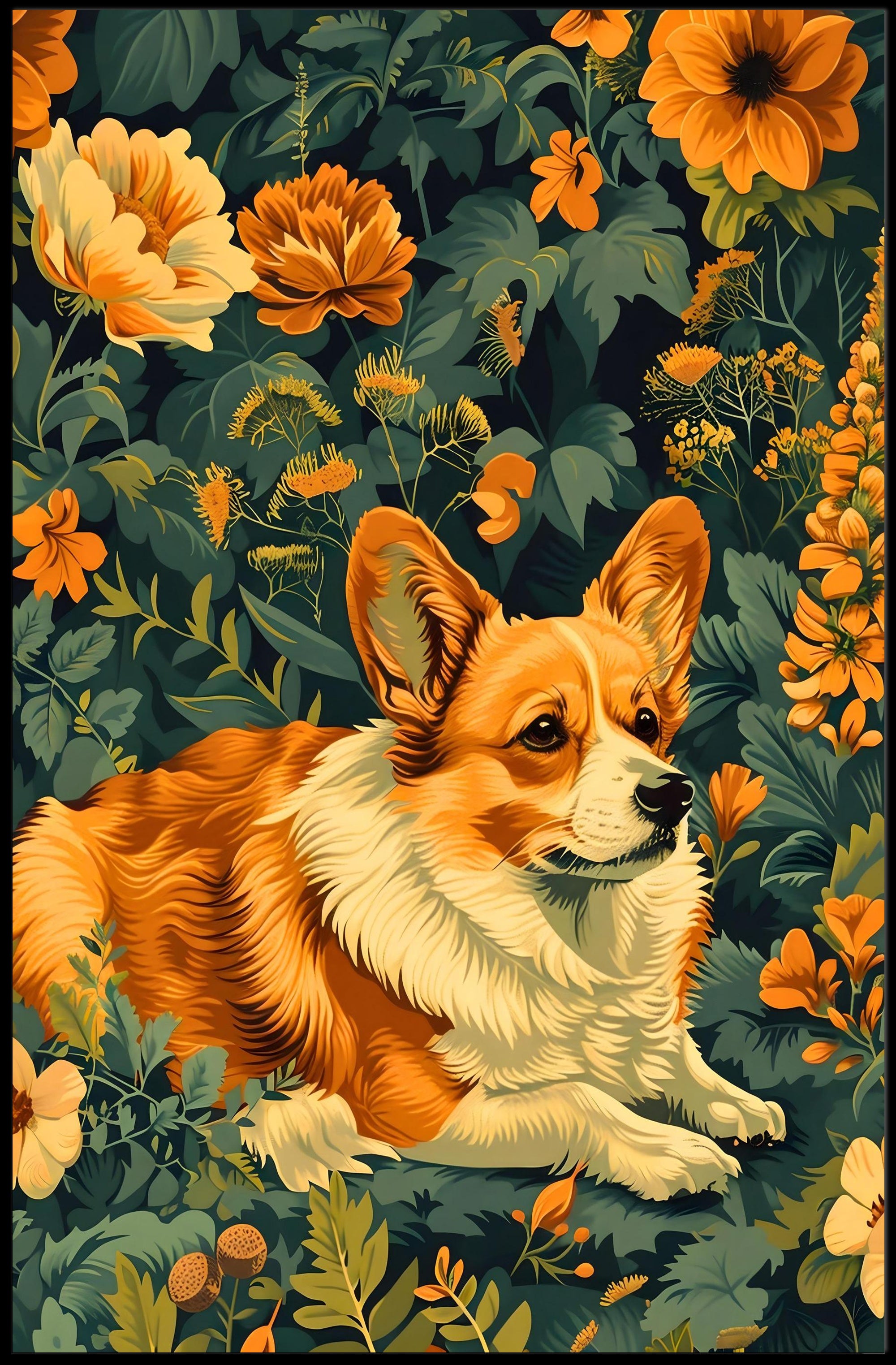 Corgi In Bloom Wall Art Print Decor