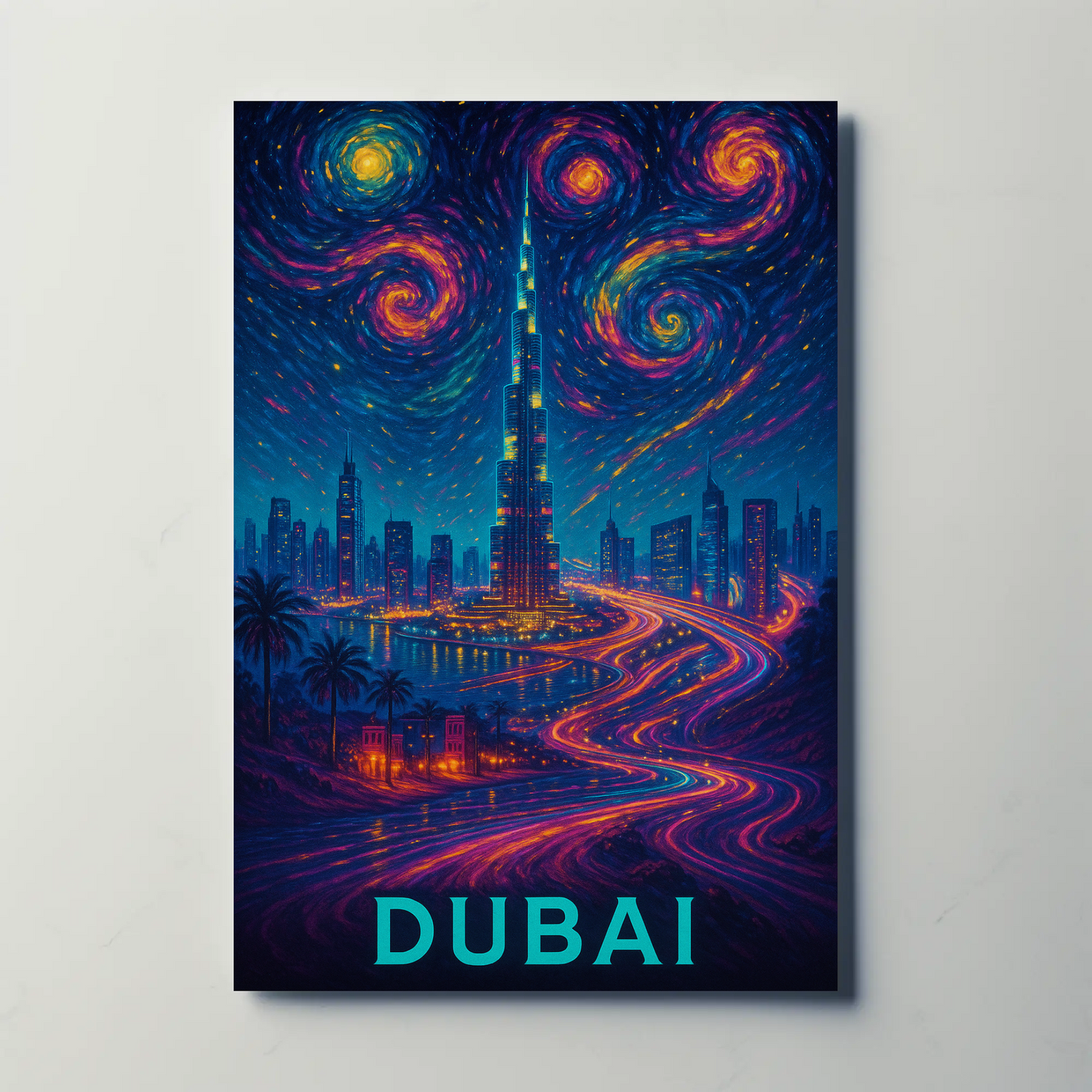 Dubai Burj Khalifa Starry Neon Skyline Night Travel Poster