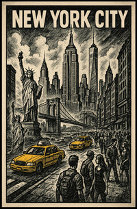 New York City Poster Vintage Travel Skyline Sketch Wall Art