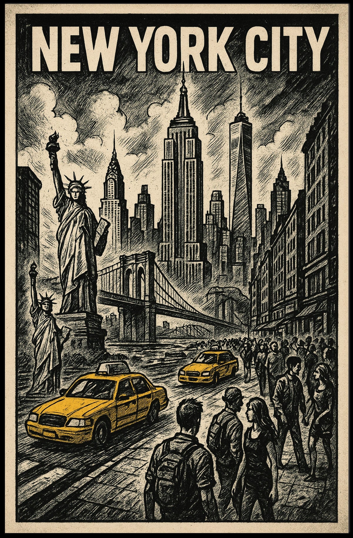 New York City Poster Vintage Travel Skyline Sketch Wall Art