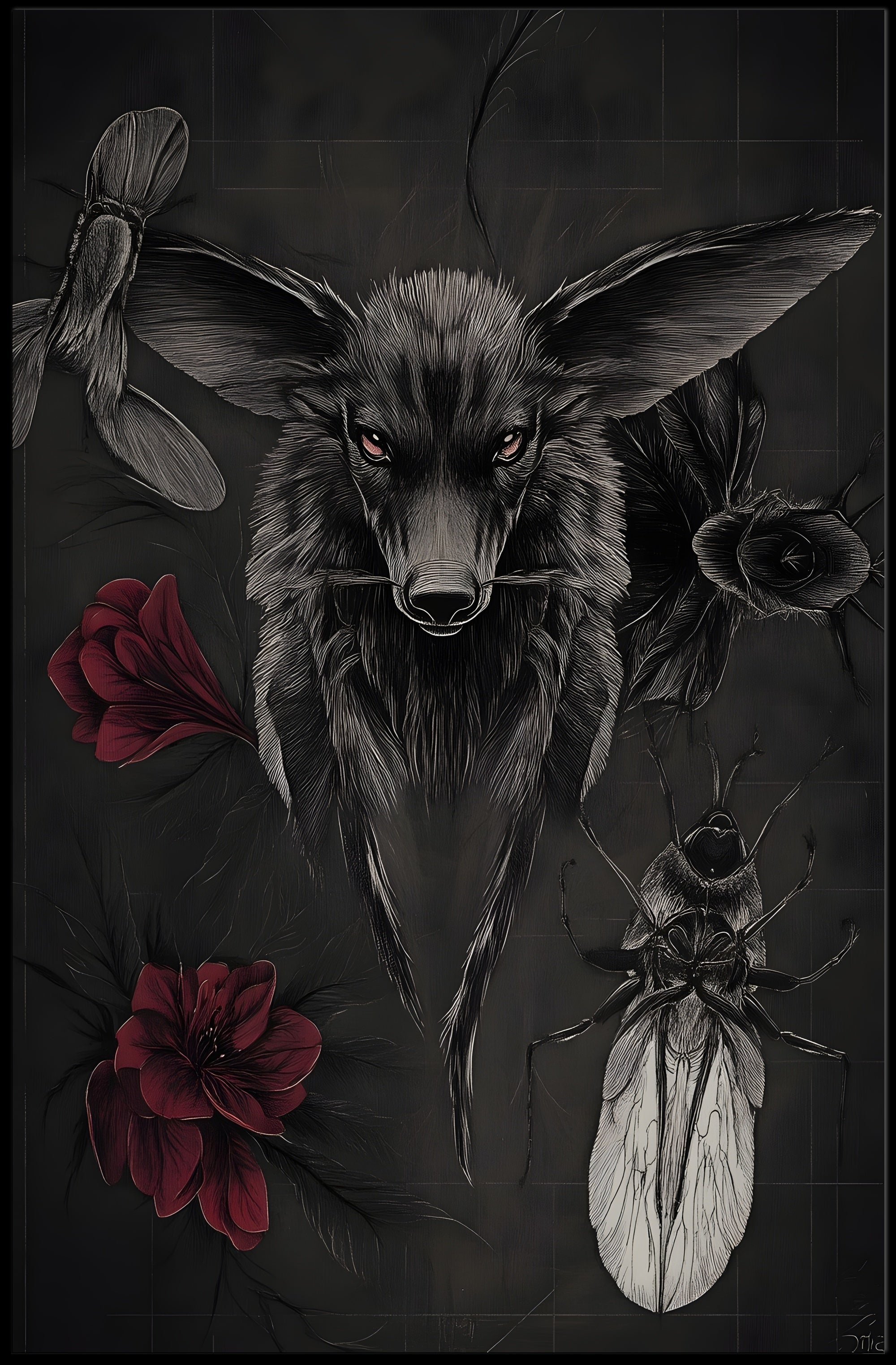 Dark Surreal Fox with Insects Artistic Poster PosterGoat
