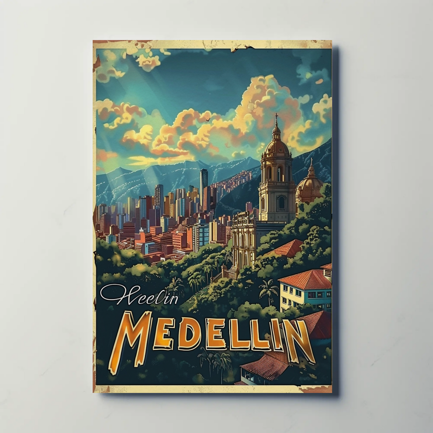 Medellin Cathedral City Skyline Colombian Landscape Travel Poster