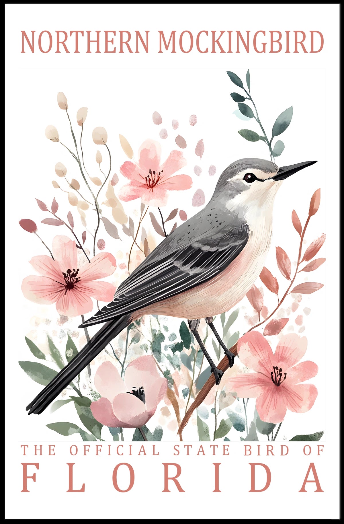 Northern Mockingbird Florida Watercolor Art Poster Decor