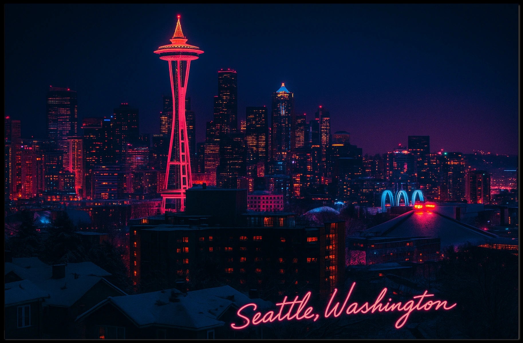 Neon Night in Seattle Poster