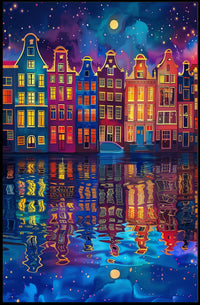 Colorful Dutch Canal Houses Under Starry Night Sky