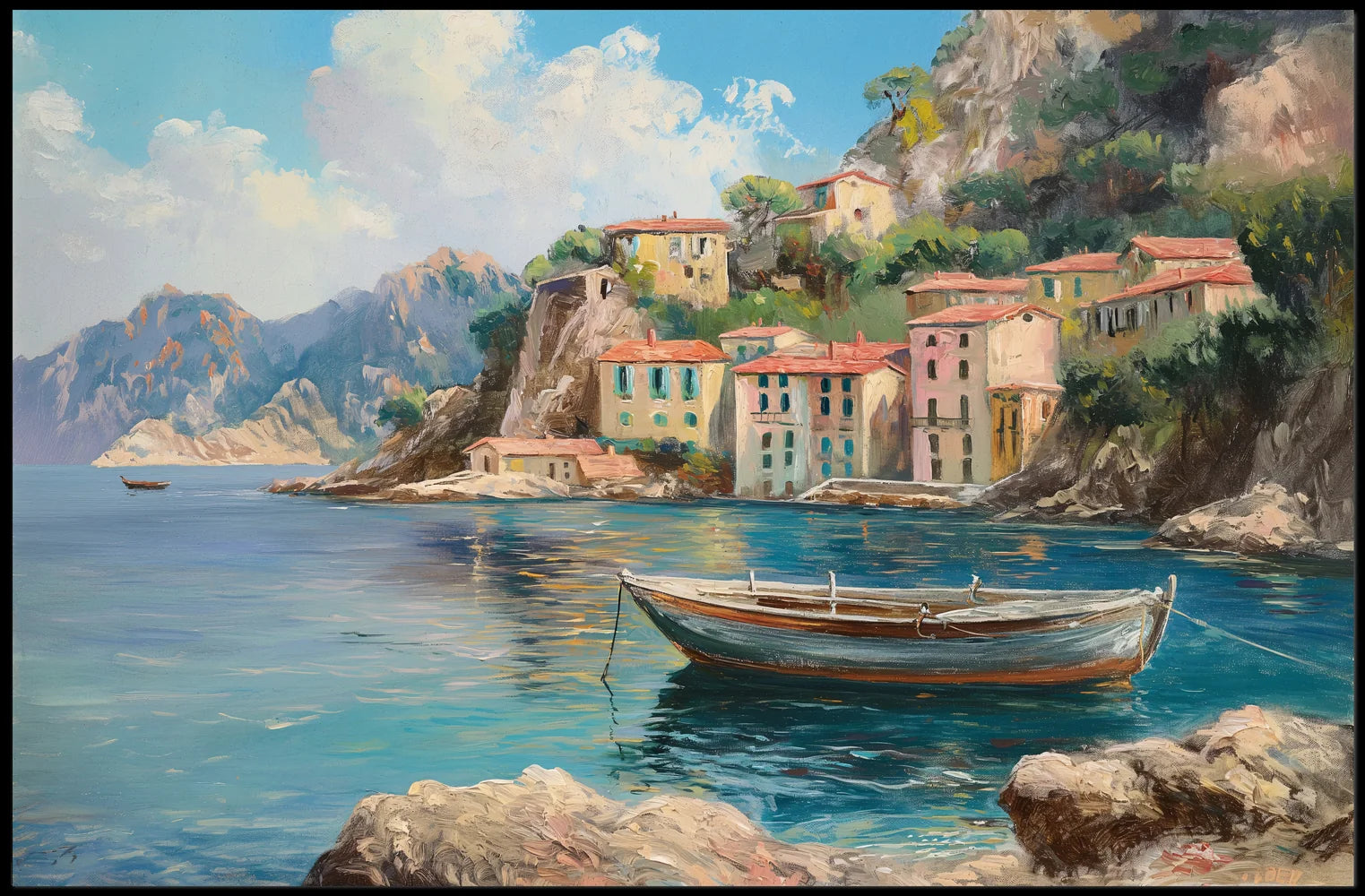 The poster showcases a scenic coastal village, likely inspired by the Mediterranean region, Travel Poster