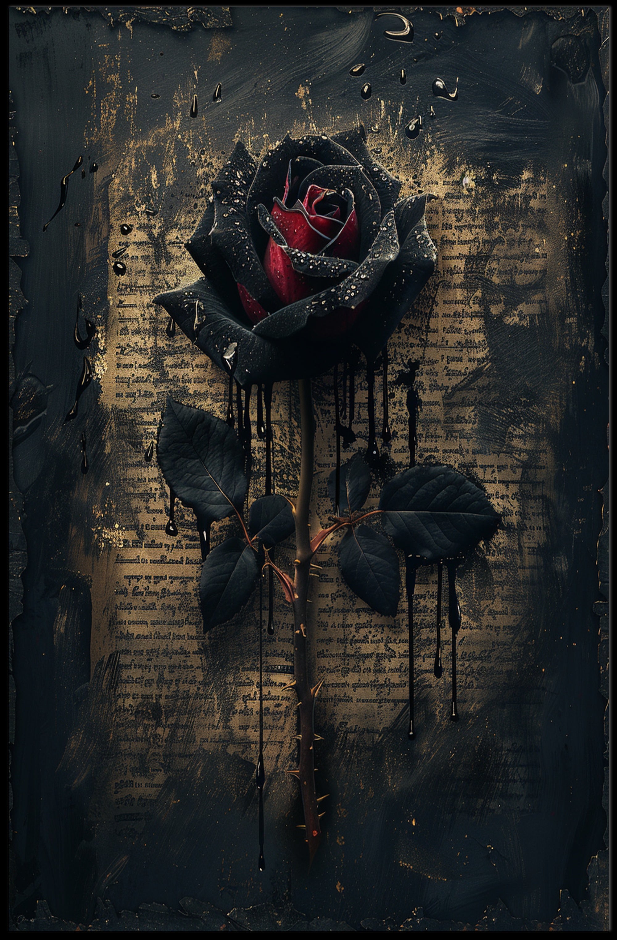 Gothic Romantic Rose on Aged Manuscript Artistic Poster PosterGoat