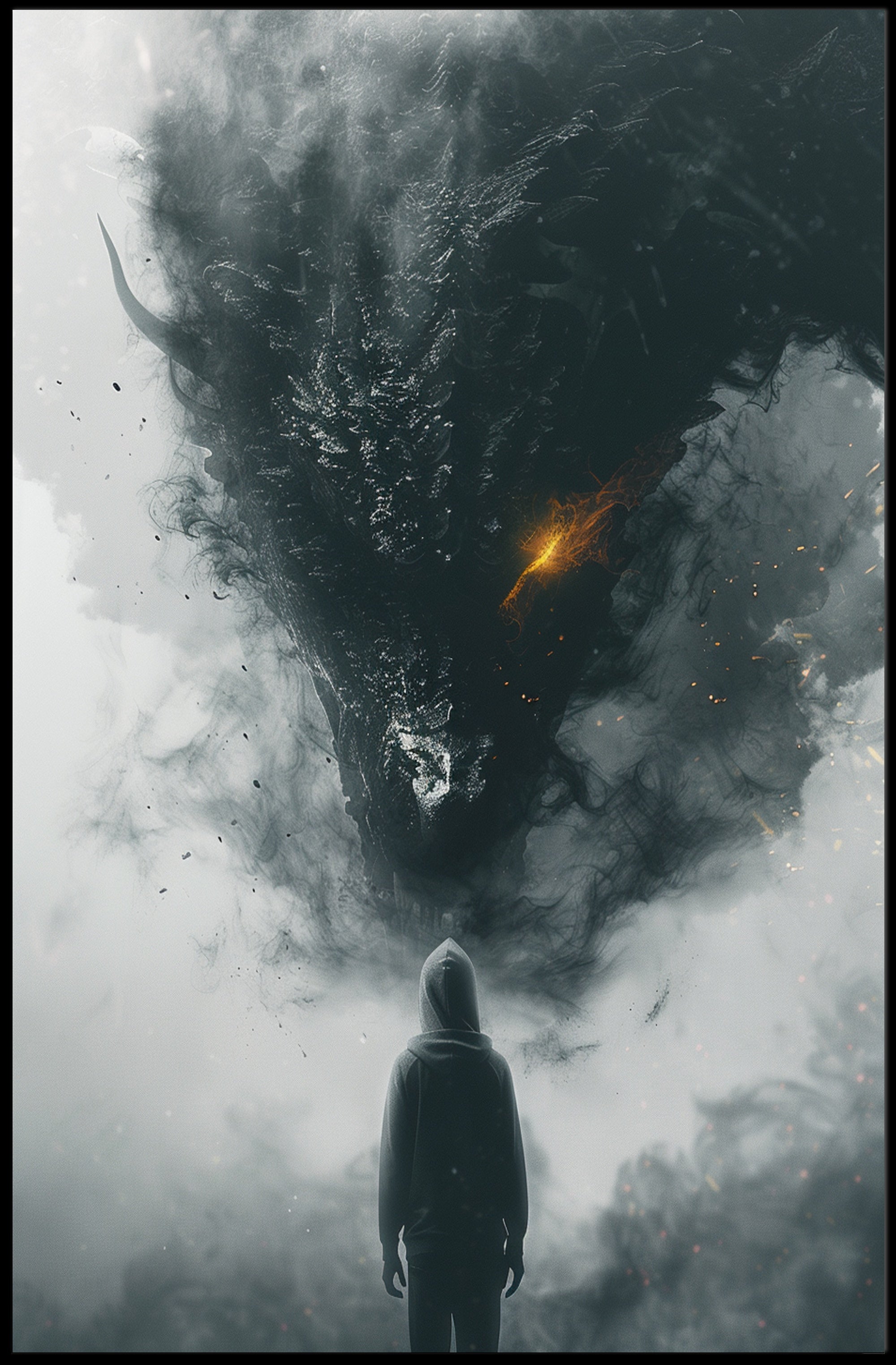 Dragon Confrontation: Dark Fantasy Art Poster PosterGoat