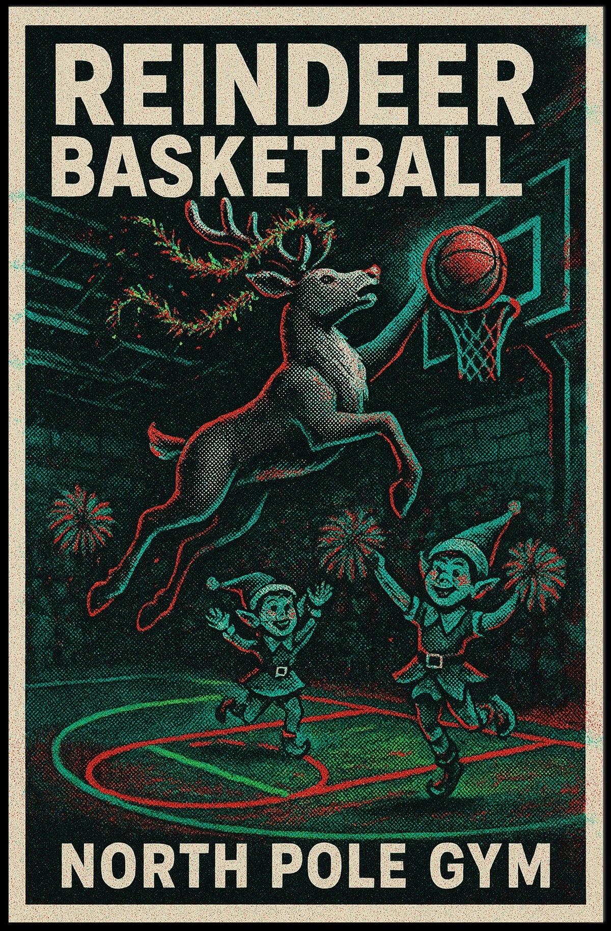 Reindeer Basketball Hoops Vintage Sports Poster