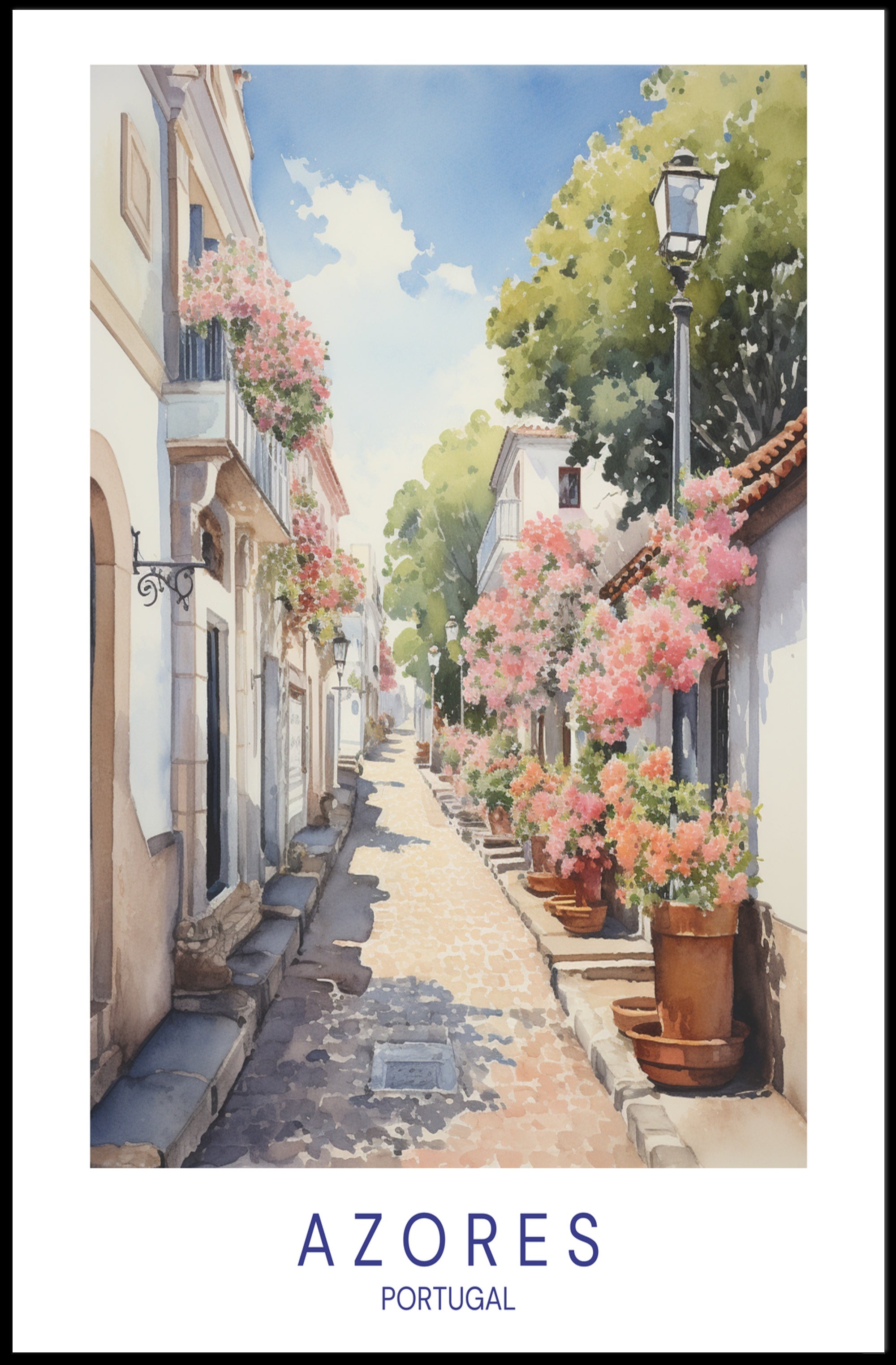Charming Azorean Street Scene Travel Poster PosterGoat