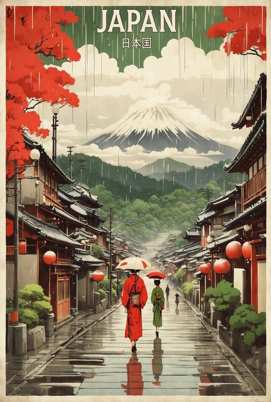 Traditional Japanese Street Scene: Vintage Travel Poster
