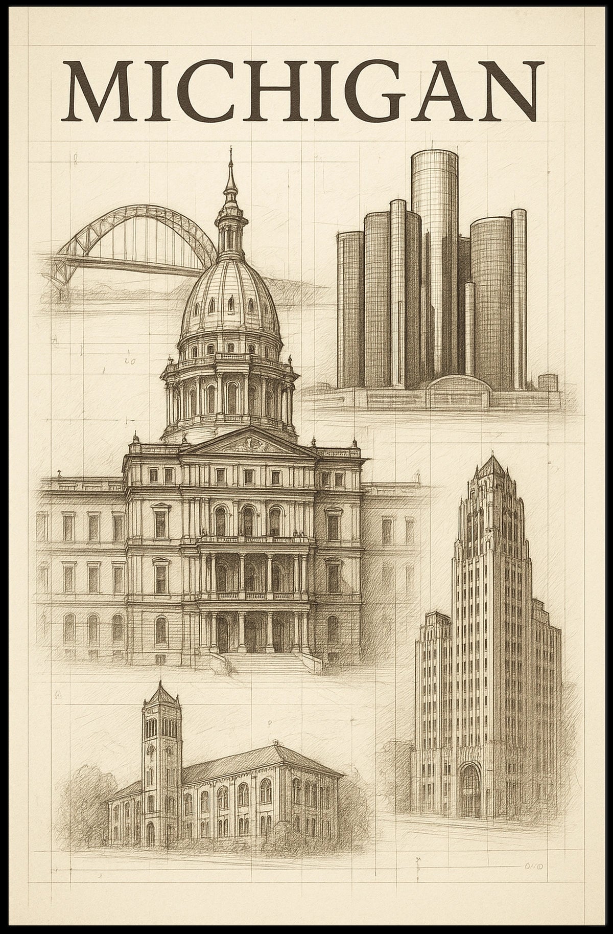 Architectural Landmarks Of Michigan Poster