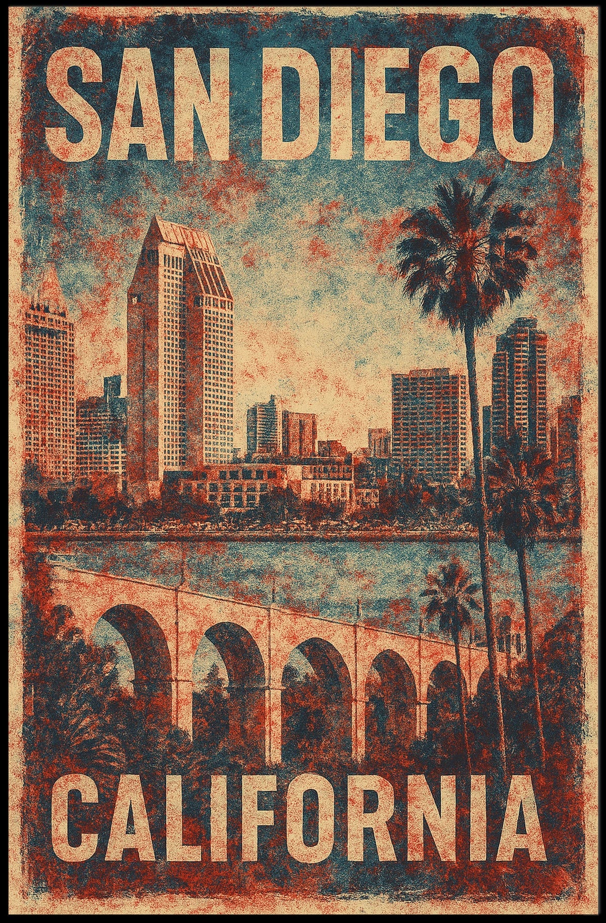 San Diego Skyline Art Deco Vintage Travel Collectors Poster