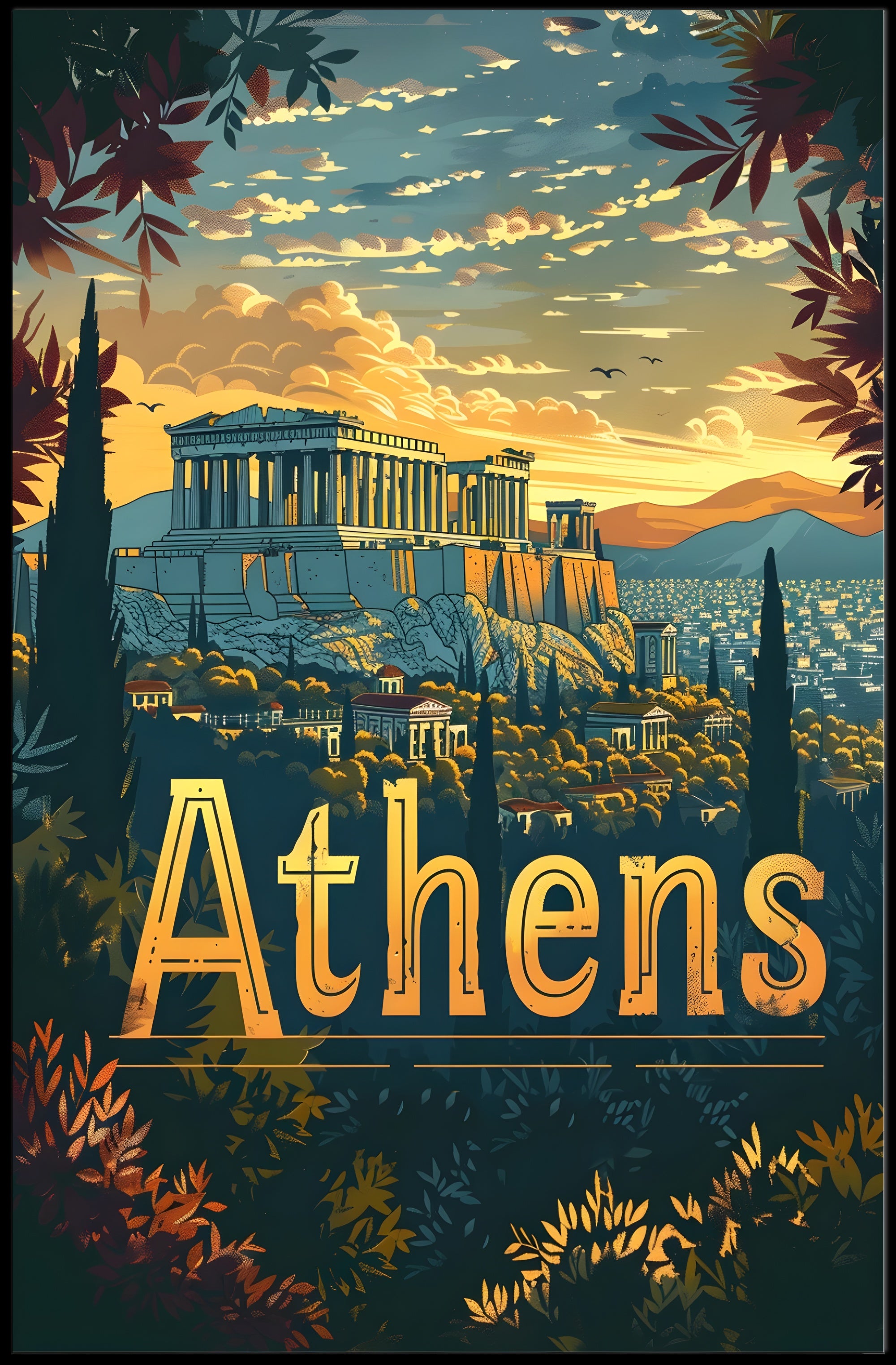 Athens Parthenon Sunset Vintage Travel Poster