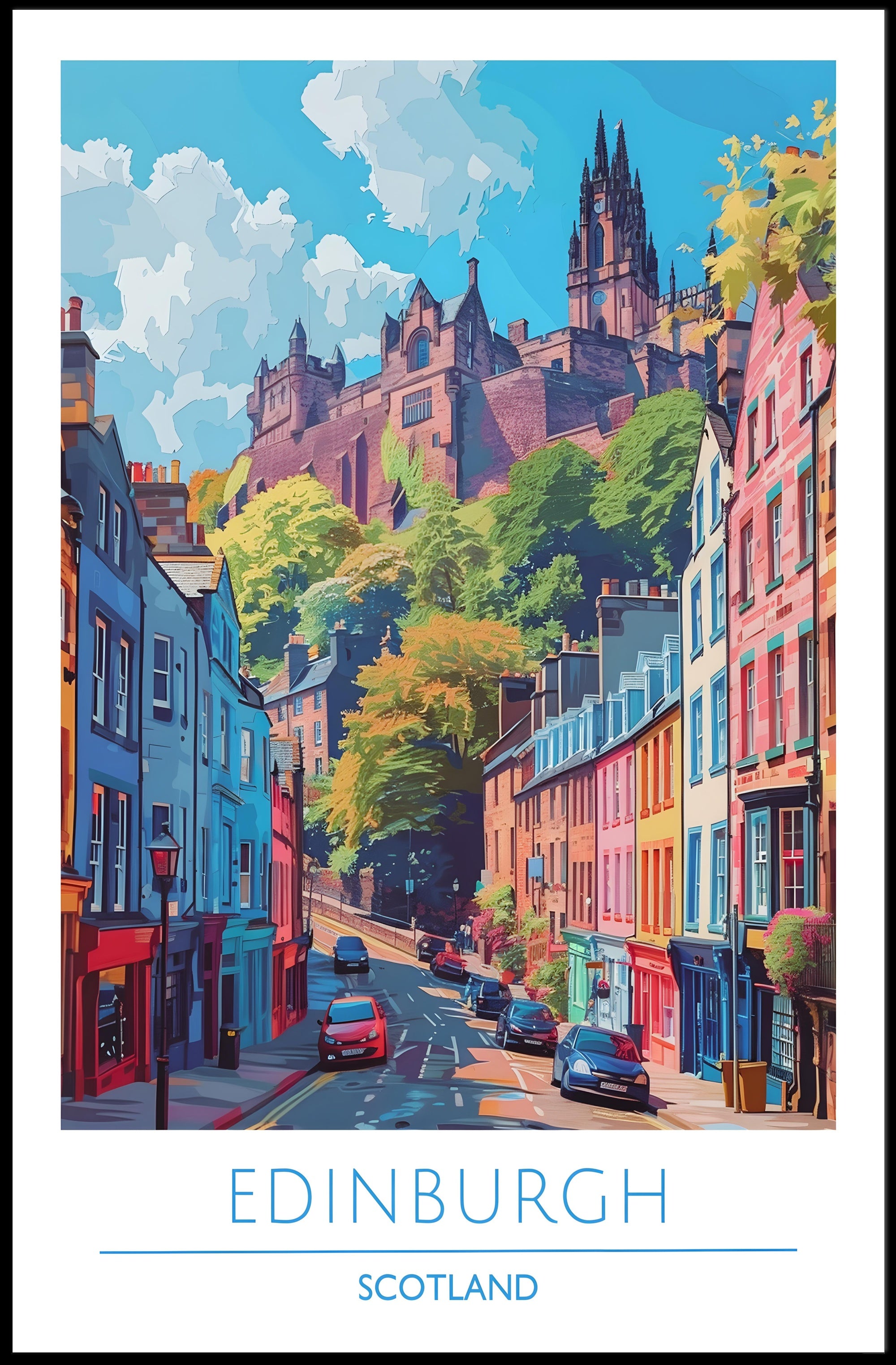 Edinburgh Street Scene with Castle Travel Poster