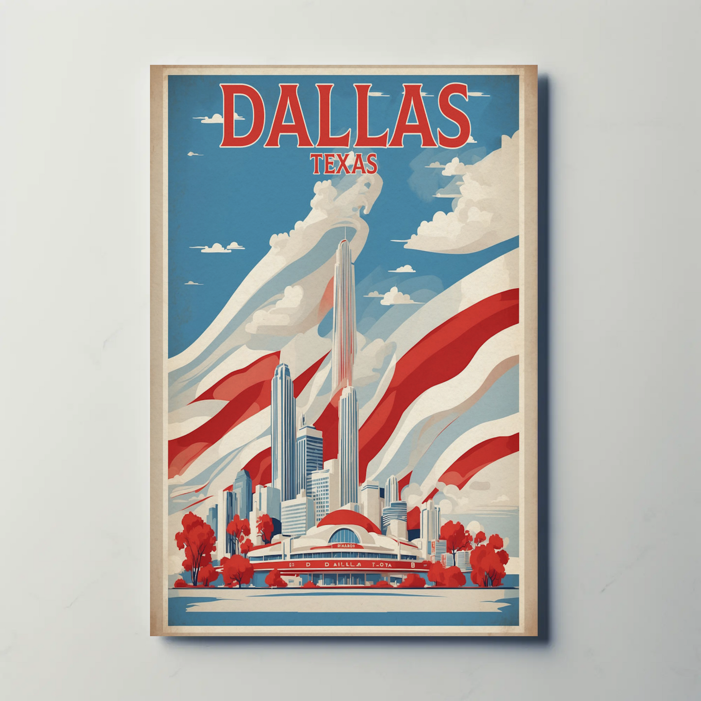 Dallas Texas Skyline Red White Blue Vintage Travel Poster