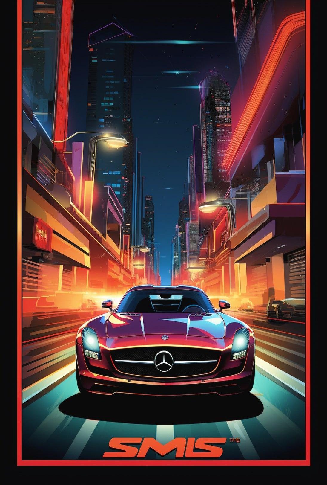 Sleek Sports Car in Vibrant Futuristic Sci-Fi Poster