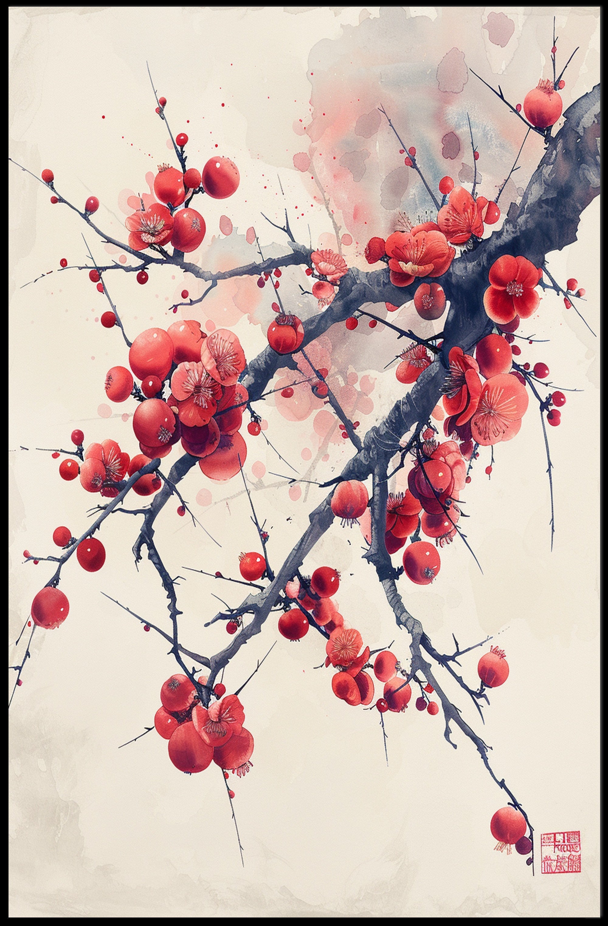 Elegant Red Plum Blossoms Artistic Poster PosterGoat