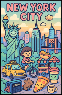 New York City Whimsical Cartoon Poster Modern Wall Art