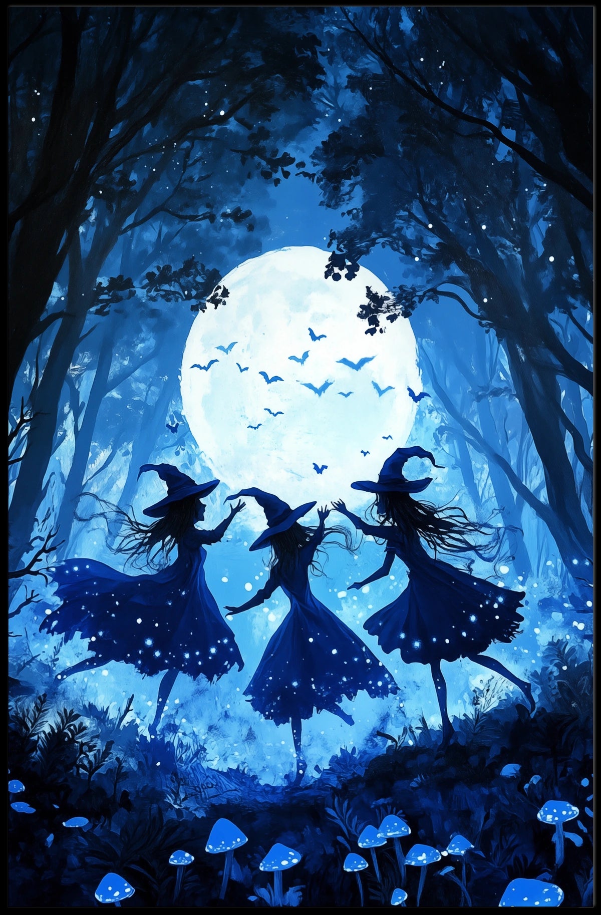 Witches Dancing Under Full Moon Mystical Forest Magic Poster