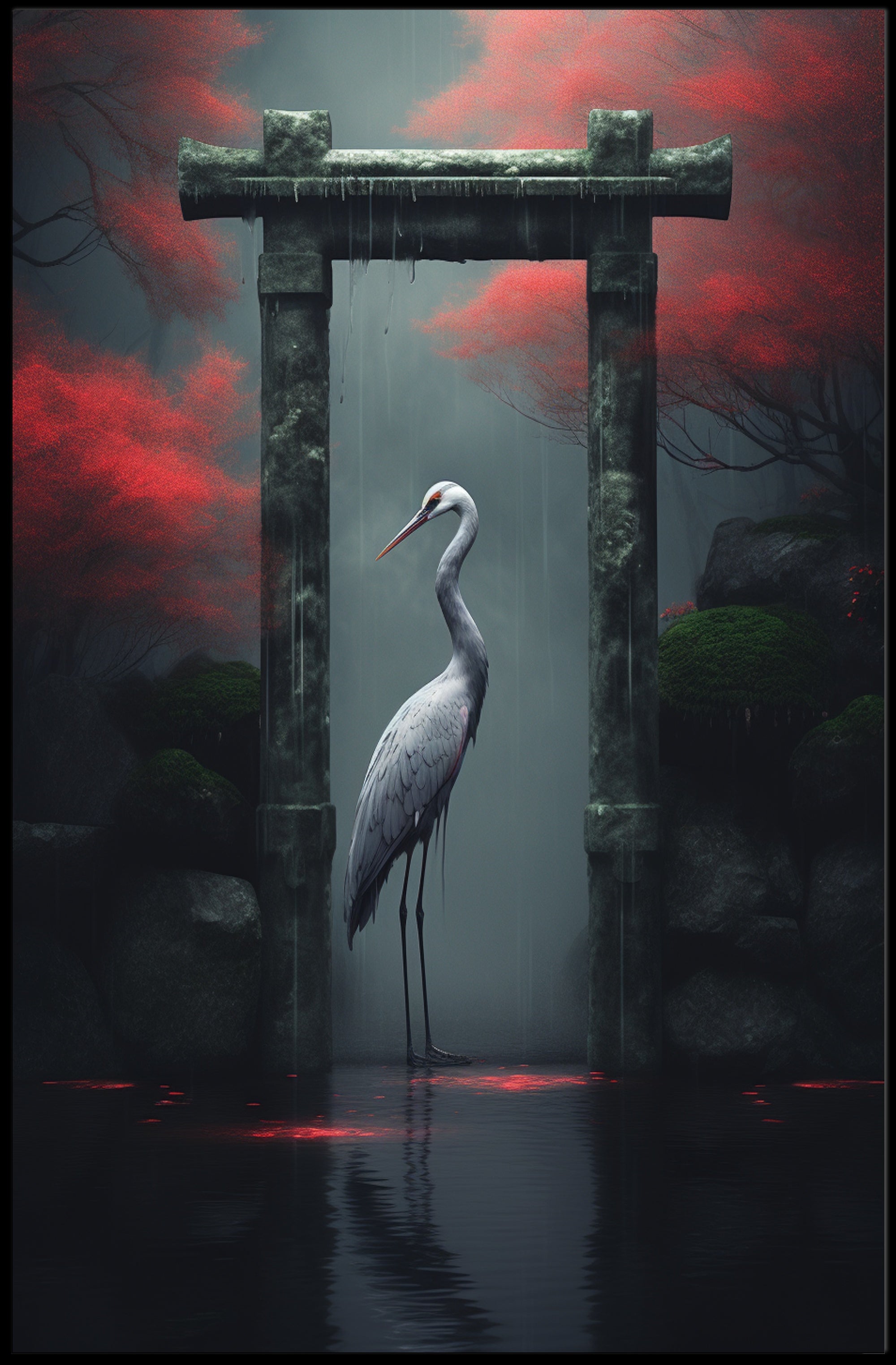 Tranquil Crane In A Mystical Garden Poster