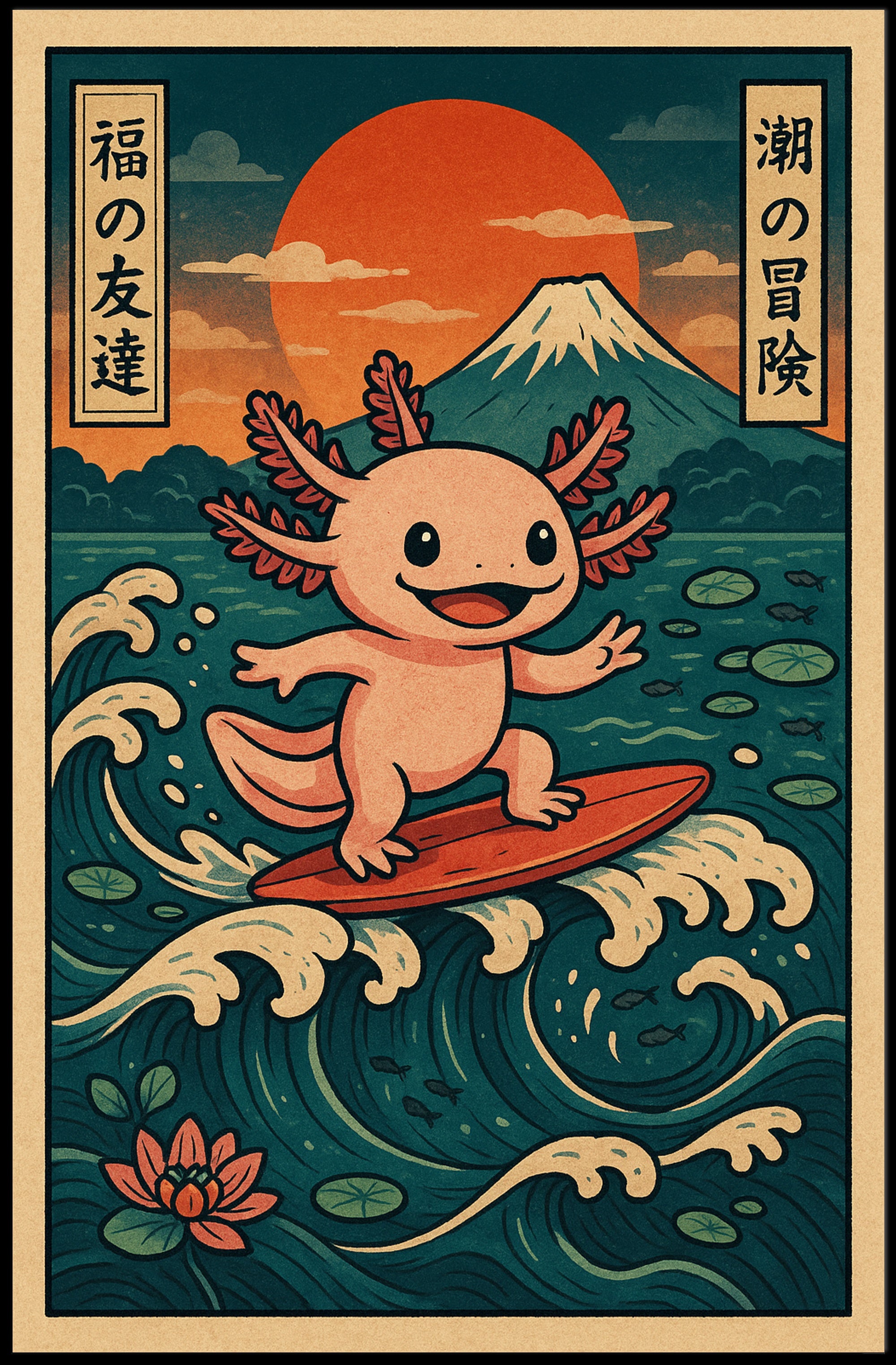 Surfing Axolotl Adventure Poster PosterGoat